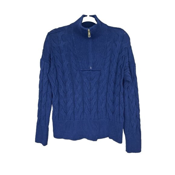 Lands End Women Small Blue Cable Knit 1/4 Zip Sweater Fisherman Cottagecore Prep - Picture 1 of 7